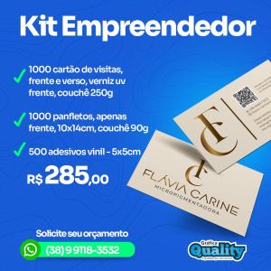 KIT EMPREENDEDOR - 1000 CARTÃO DE VISITA FRENTE E VERSO, VERNIZ UV FRENTE, COUCHÊ 250G - 1000 PANFLETOS, APENAS FRENTE, 10x14cm, COUCHÊ 90g + 500 ADESIVOS VINIL 5x5CM      