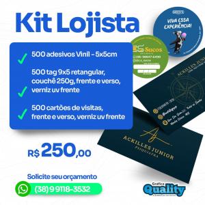 KIT LOJISTA 1 - 500 CARTÃO DE VISITA FRENTE E VERSO, VERNIZ UV FRENTE, COUCHÊ 250G - 500 TAG RETANGULAR, FRENTE E VERSO, VERNIZ UV FRENTE, COUCHÊ 250G + 500 ADESIVOS VINIL 5x5CM      