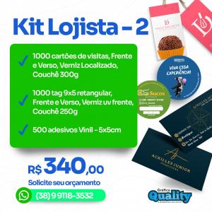 KIT LOJISTA 2 - 1000 CARTÃO DE VISITA FRENTE E VERSO, VERNIZ LOCALIZADO, COUCHÊ 300G - 1000 TAG RETANGULAR, FRENTE E VERSO, VERNIZ UV FRENTE, COUCHÊ 250G + 500 ADESIVOS VINIL 5x5CM      